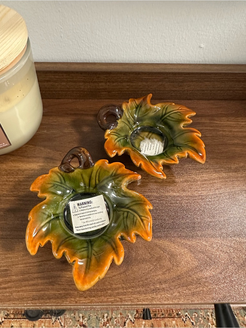 Source Unknown Glossy Ceramic Leaf Tealight Holders in Green and Orange